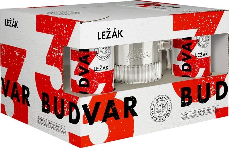 Budweiser Budvar 33 světlý ležák multipack 5x500ml plech + krýgl
